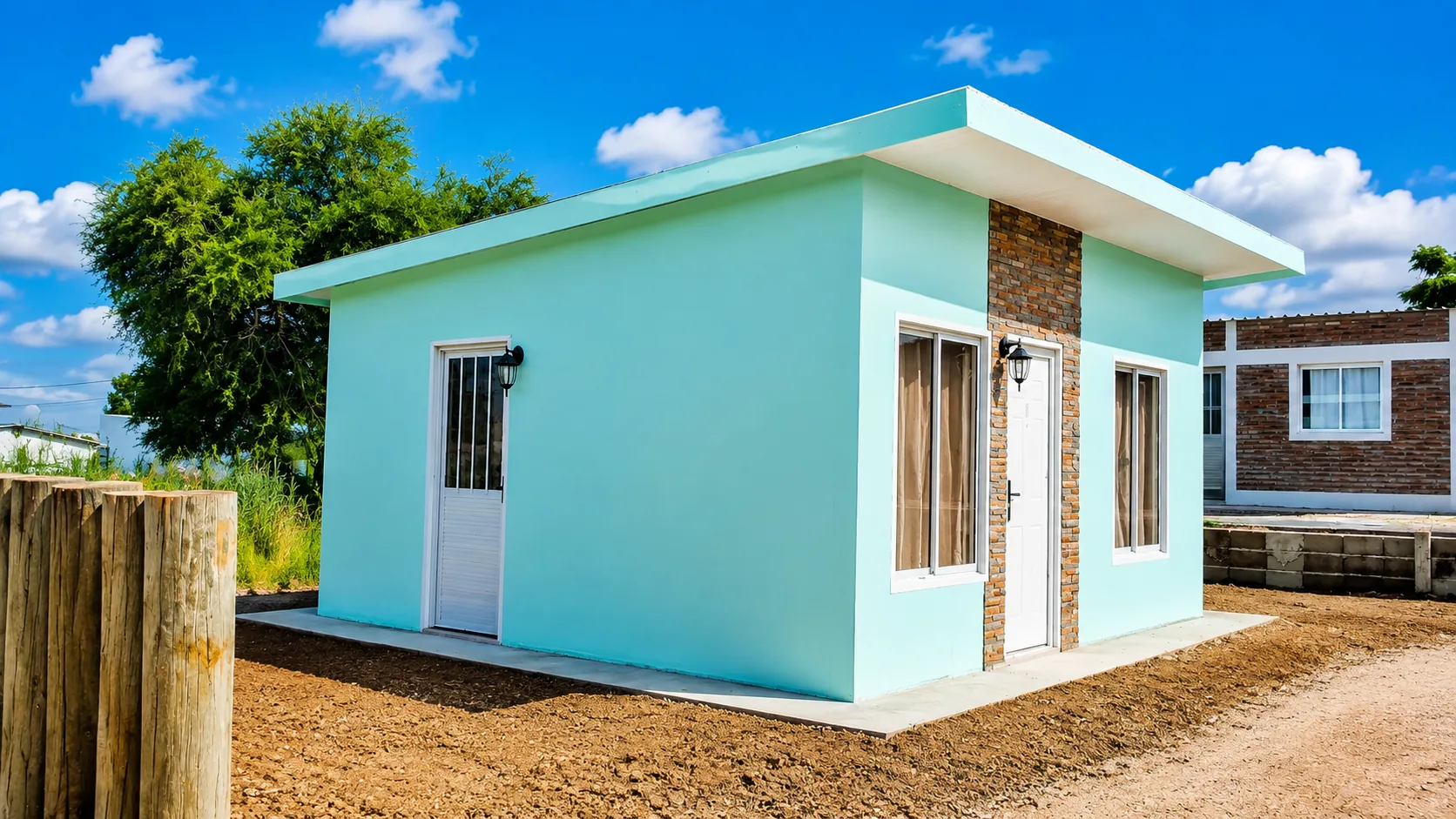 Casa de isopanel celeste junto a la puerta de entrada.
