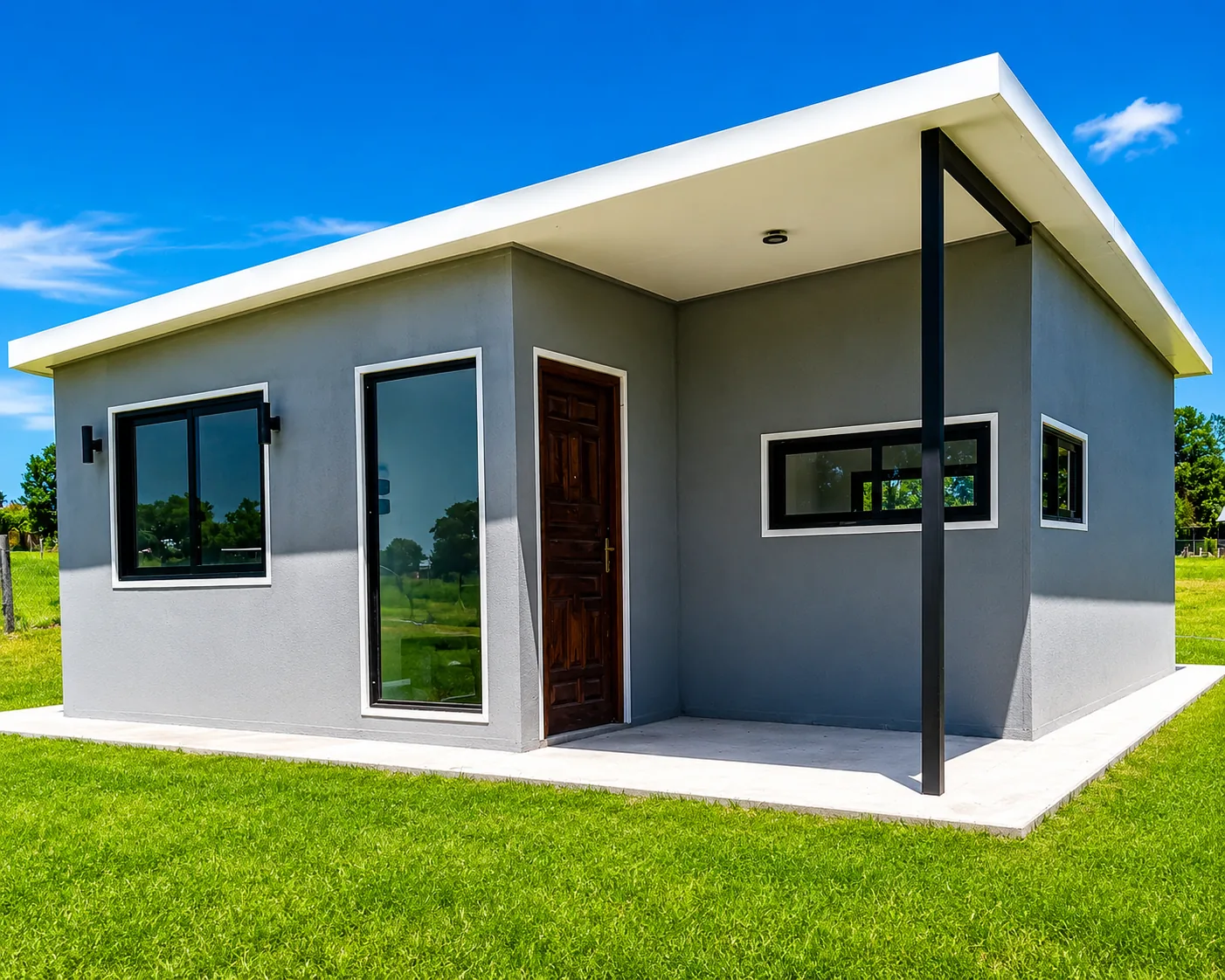 Casa de isopanel gris con techo mono-pendiente, puerta de madera y galería cubierta, sobre césped y cielo despejado.